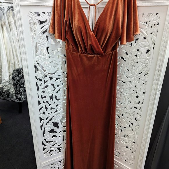 Stretch Velvet Dress with Flutter Sleeves Burnt Orange - Picture 1 of 5